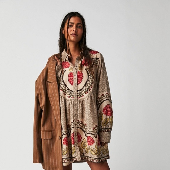 🆕Free People ‘Smell The Roses’ Button Down Mini Shirt Dress Sz M